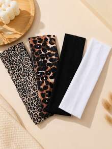 4pcs Solid Color, Leopard Print, Fabric Elastic Headbands, Sporty Leopard Print Headwraps, Yoga Headbands, Hair Ties, Sweatbands, Versatile Hair Accessories For Women & Girls, Summer Headbands, Beach Headwraps - Multicolor - View 7