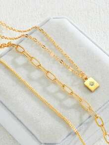 3件套金色叠戴项链套装，辣妹风夏季假日饰品 - 金色 - 查看 3