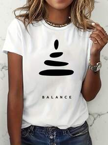 Camiseta gráfica con un diseño minimalista de piedras apiladas con la palabra 'BALANCE', perfecta para mujeres que aman el Zen y, ideal para el uso casual - Blanco - Ver 2