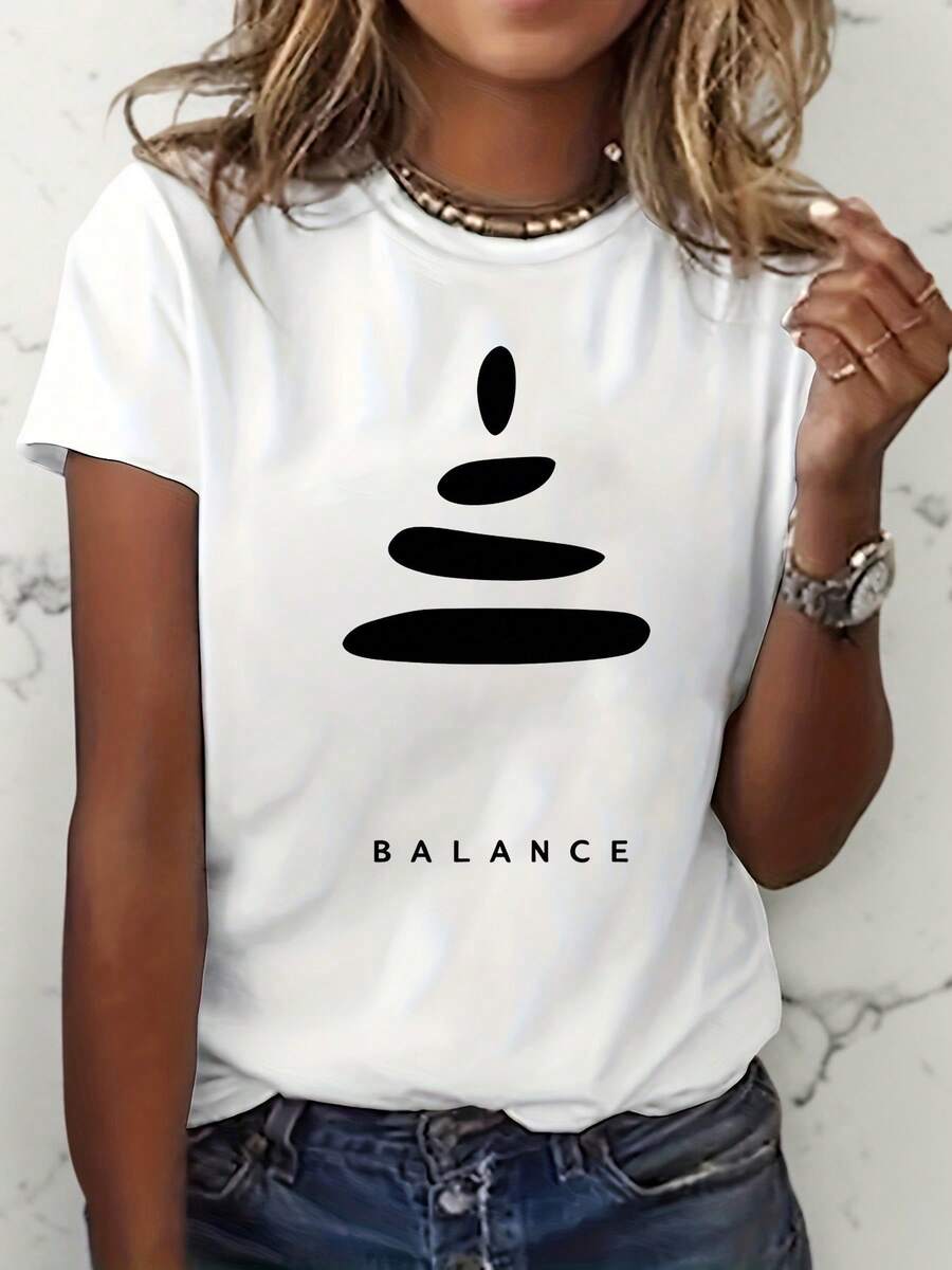 Camiseta gráfica con un diseño minimalista de piedras apiladas con la palabra 'BALANCE', perfecta para mujeres que aman el Zen y, ideal para el uso casual