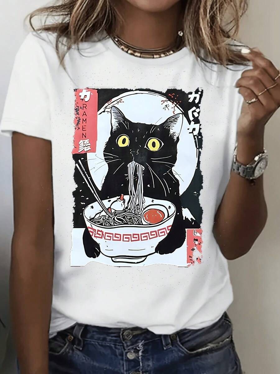 Camiseta de manga corta de las mujeres, diseño único, ajuste suelto, impresión de verano