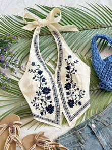 Top corto para mujer estilo bohemio sin mangas con diseño de espalda de tirantes, cuello halter con diseño anudado y bordados florales, adecuado para festivales de música - Multicolor 2 - Ver 8