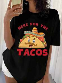 Women's T-Shirt With Taco Design Featuring A Mustache And Mexican Food, Ideal For Celebrating Family And Friends, Casual Attire For Mexican Events - màu đen - Xem 8