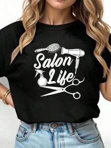 1 Piece Unisex Hair Stylist T-Shirt, Funny, For Beauty Salon - "Good Thoughts, Good Life" T-Shirt - Short Sleeve, Unisex, 180g, 100% Soft Cotton - 黑色 - 查看 1