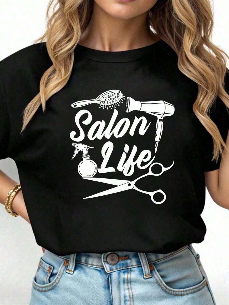 1 Piece Unisex Hair Stylist T-Shirt, Funny, For Beauty Salon - "Good Thoughts, Good Life" T-Shirt - Short Sleeve, Unisex, 180g, 100% Soft Cotton - 黑色 - 查看 1