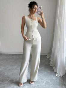 Conjunto de chaleco sin mangas y pantalones rectos para mujer, con tirantes, cierre de botones, para primavera/verano - Albaricoque - Ver 6