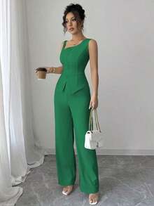 Conjunto de chaleco sin mangas y pantalones rectos para mujer, con tirantes, cierre de botones, para primavera/verano - Verde - Ver 3