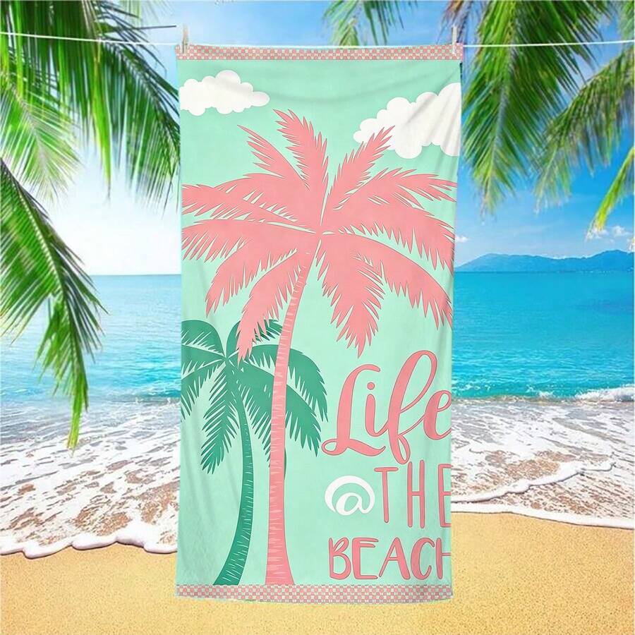 1件薄荷绿底色，饰以双色棕榈树和云朵图案，侧边印有“Life @ THE BEACH”字样，并饰以粉色条纹边框，清新舒爽的沙滩度假毛巾/围巾，速干沙滩垫，70x150厘米、80x160厘米、90x180厘米三种尺寸可选 - 轻盈速干的涤纶沙滩垫，充满活力的夏日元素设计，适合健身、旅行和海滩度假，是理想的沙滩礼物和配件 | 色彩鲜艳的沙滩巾 | 速干面料，沙滩巾
