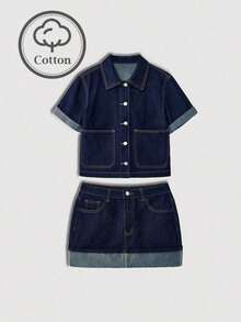 Maija Conjunto casual de blusa de manga corta de un solo pecho y falda de mezclilla para mujer - Azul lavado oscuro - Ver 9