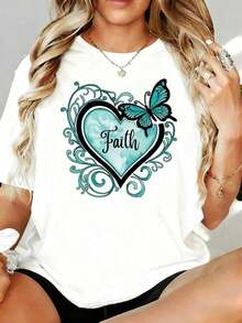 LooseCamiseta Blanca para Mujer con Diseño de Corazón y Mariposa, Patrón Elegante y Mensaje Inspirador para Uso Diario, Ocio, Hogar, Aire Libre, Regalo para el Día de San Valentín o FiestaCo - Blanco - Ver 5