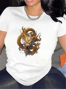 Loose, Lightweight, And Durable Short-Sleeve T-Shirt With A Gold Dragon Design, Perfect For Casual Wear At Home, In Restaurants, Or Outdoors, Offering A Comfortable Fit For Everyday Use. This Women's Cotton T-Shirt Is Breathable, Sweat-Wicking, And Ideal For Summer. - [白色的] - 查看 12
