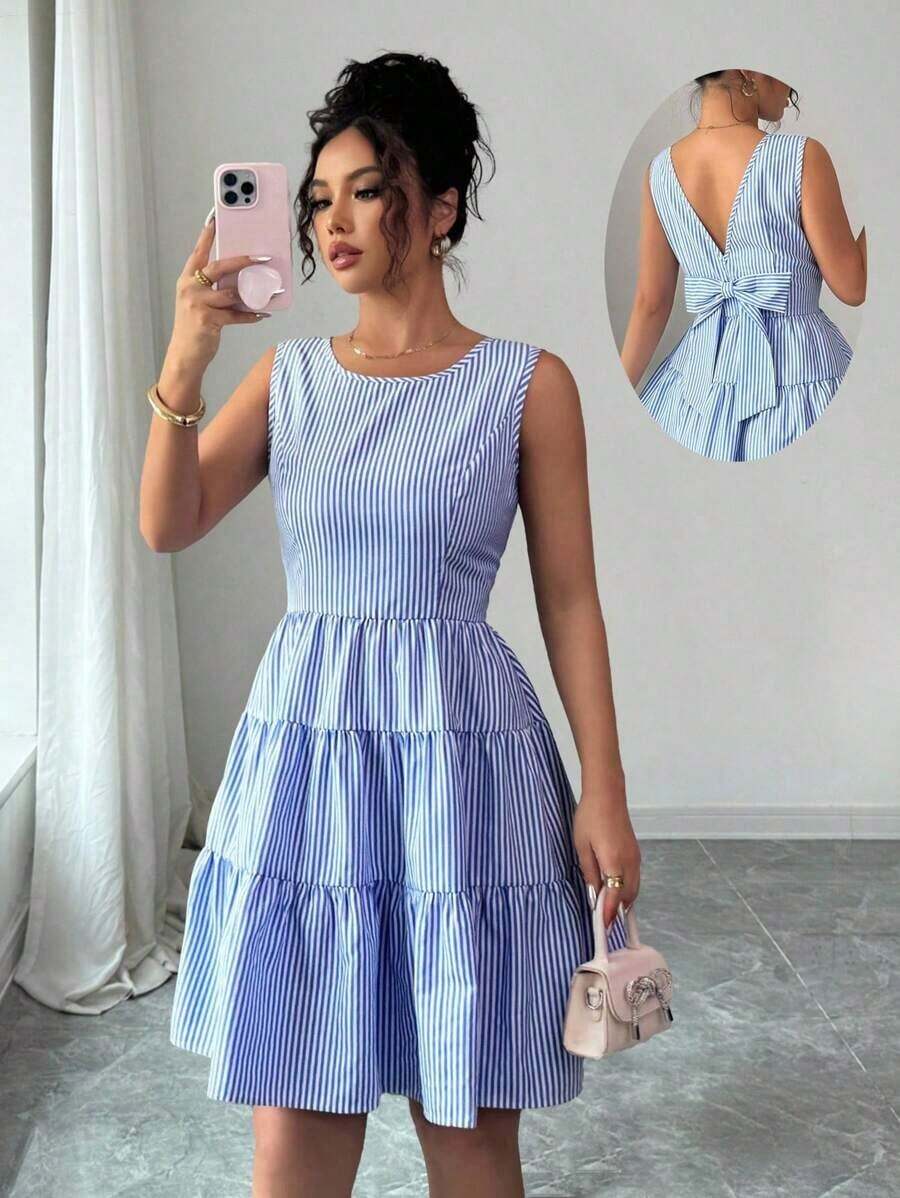 Vestido corto sin espalda con lazo y rayas, estilo francés para mujeres - Azul y blanco - Ver 1