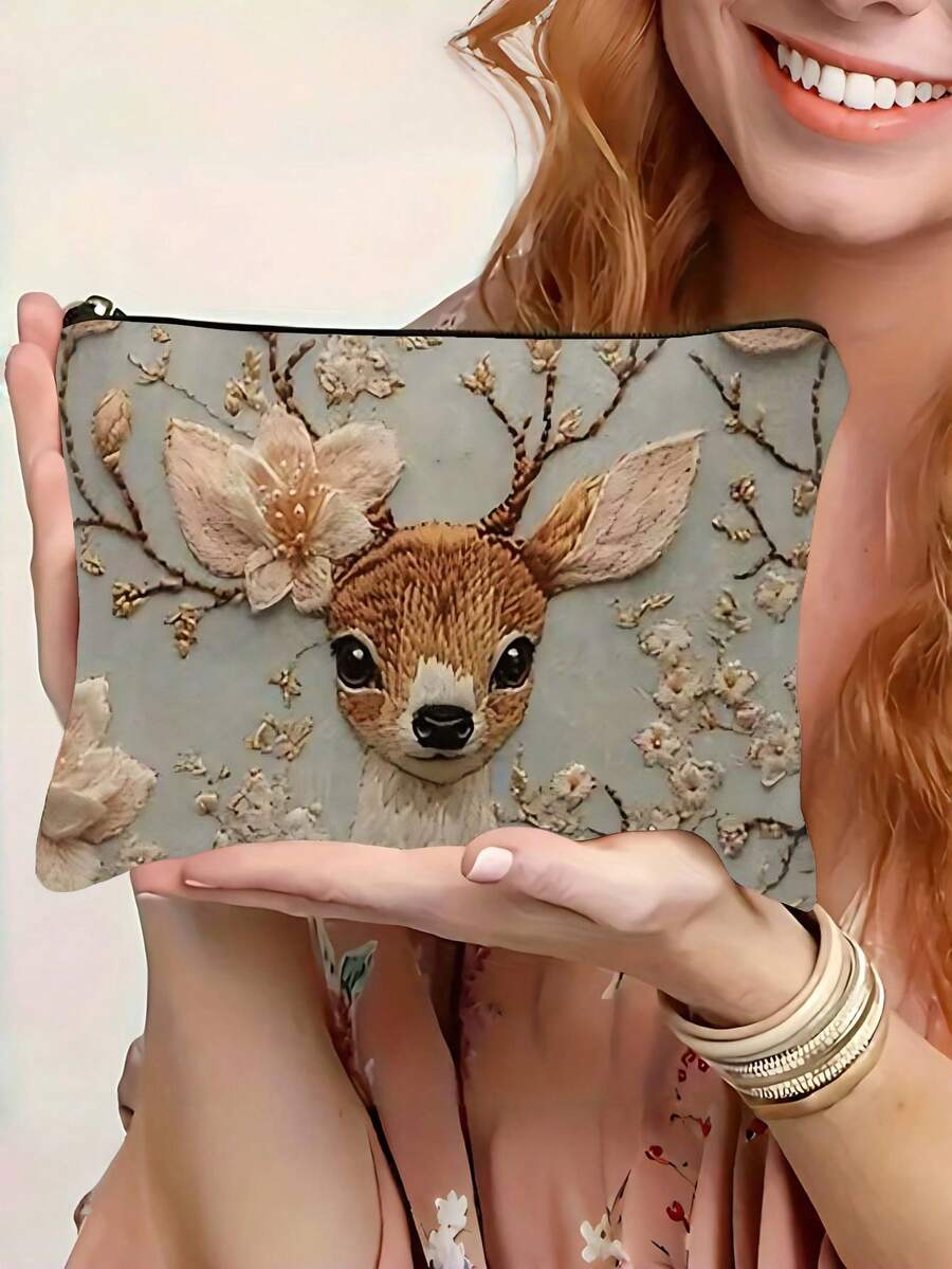 Deer Print Cosmetic Bag | Countryside Style Clutch Organizer Bag | Travel Portable Pouch | Gentle Healing Gift - Multicolor - View 1