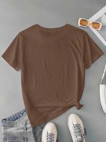 Camiseta casual de mujer con estampado de gato y monopatín, de verano - Café integral 3 - Ver 2