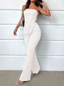 Conjunto de top bandeau y falda larga con abertura alta en color verde sólido para mujer - Blanco - Ver 5