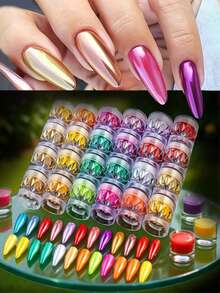 24 Colores Polvo de Uñas Metálico Espejo Neón, Juego de Accesorios Multiusos de Decoración de Arte de Uñas Camaleón Aurora - Multicolor - Ver 1