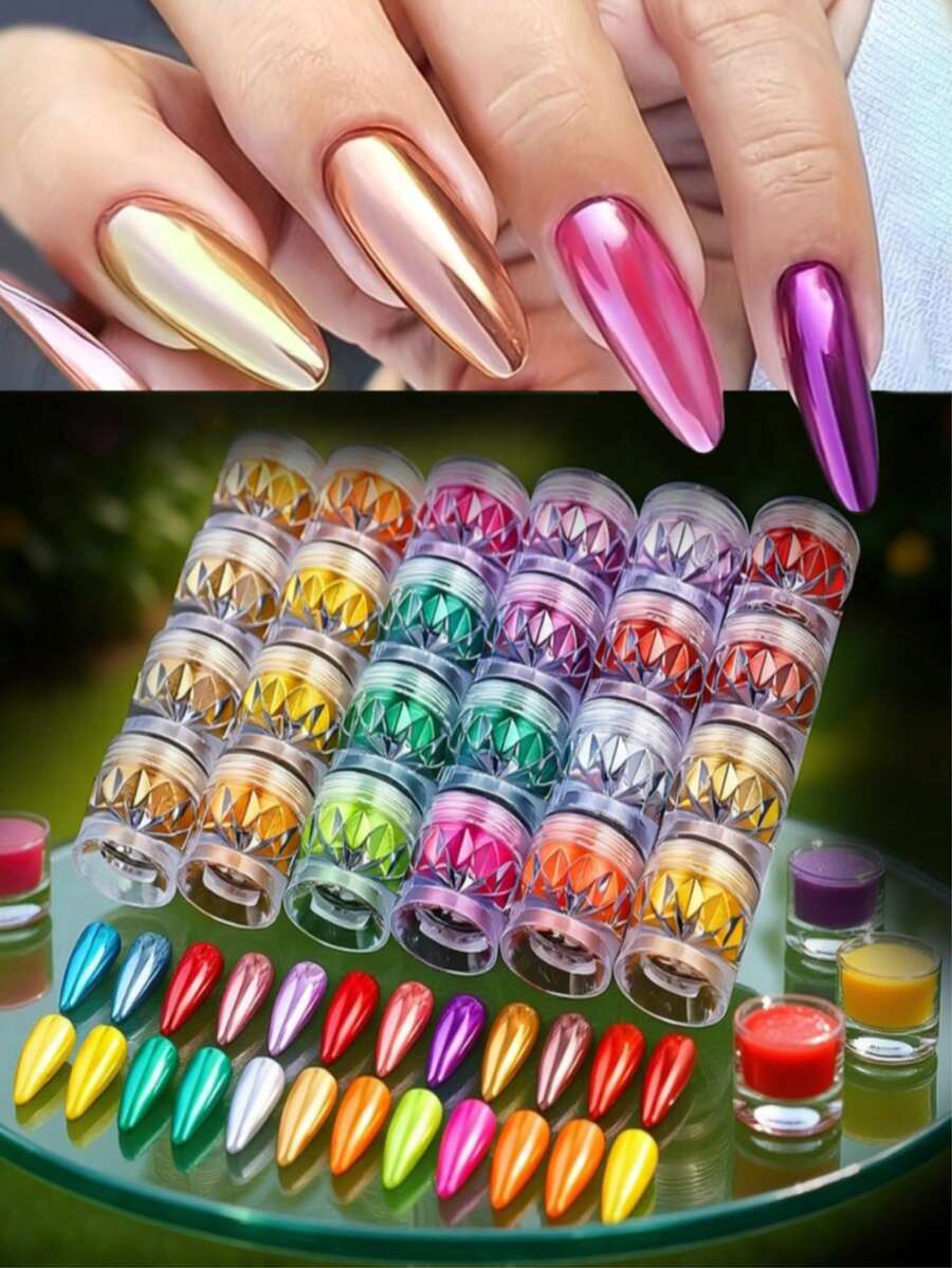 24 Colores Polvo de Uñas Metálico Espejo Neón, Juego de Accesorios Multiusos de Decoración de Arte de Uñas Camaleón Aurora - Multicolor - Ver 1
