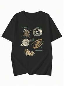 女款時尚春夏寬鬆圓領休閒百搭卡通字母星空印花短袖T恤夏季上衣黑色 - 黑色 - 查看 5
