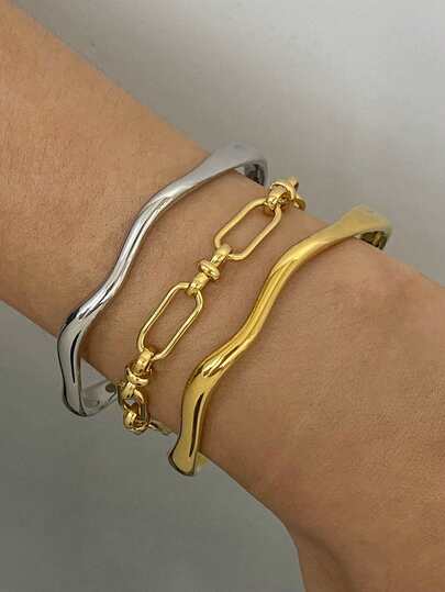 1pc Geometric Line Wave Chain Stainless Steel Bracelet, Elegant Classic Overlayable Design Suitable For Daily Wear