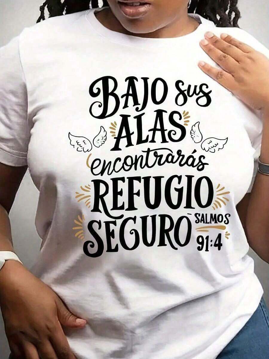 SimpieAndVersatileDesign1 camiseta de mujer con versículo bíblico inspirador en español, Salmo 91:4, "Te protegeré", ropa de fe cristiana, , suave.CottonT-Shirt - Blanco - Ver 1