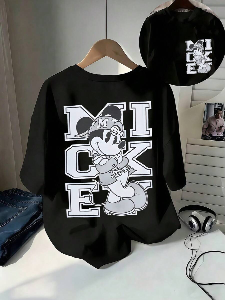 Men's Disney Varsity Mickey Mouse Tee, Retro Print, Casual Fit, College Street Style. - 黑色 - 查看 1