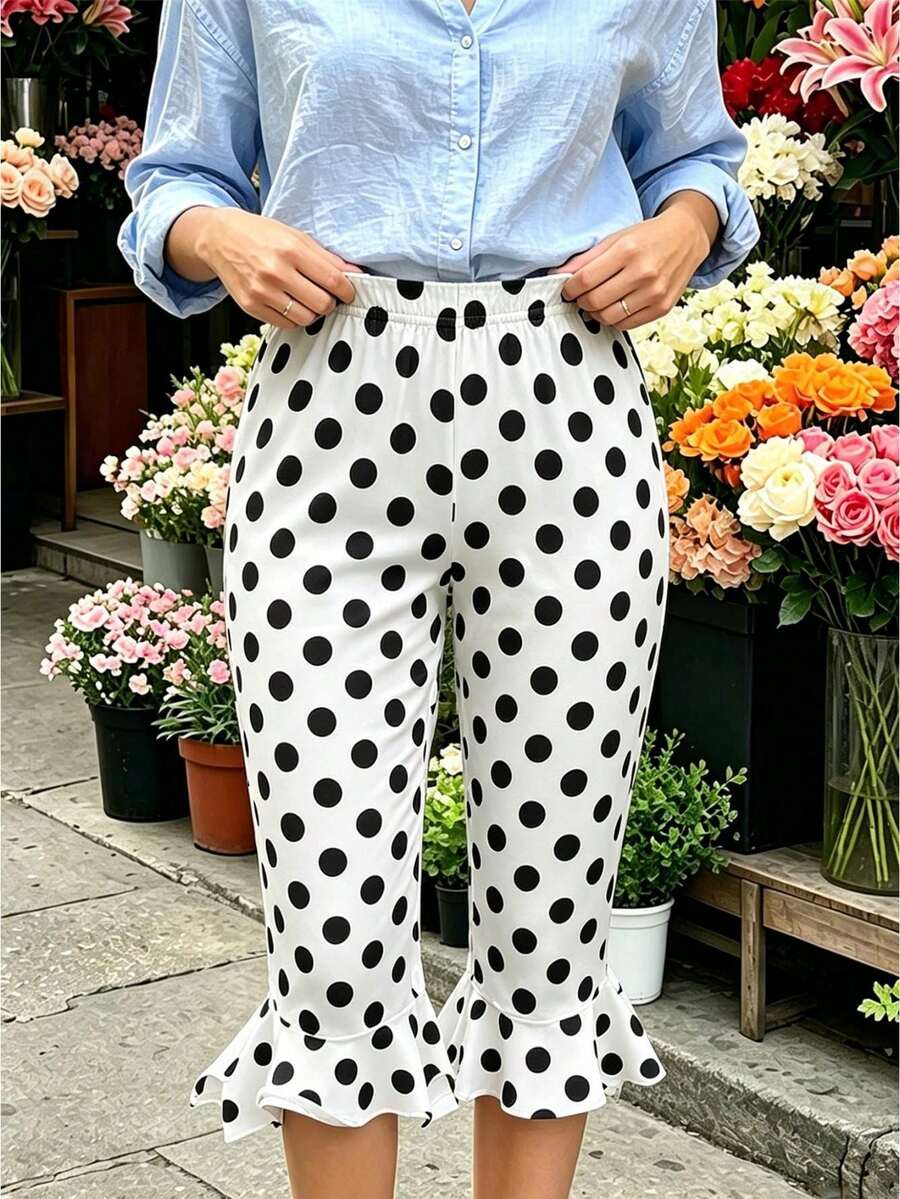 Womens Summer Knee Length Leggings Slim Fit Stylish Dot Print Ruffled Trim Mid Rise Capri Pants - Blanco - Ver 1