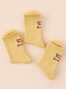 3 Pairs Women's Fresh Candy Color Personalized Letter College Style Mid-Calf Socks - Yellow - View 3