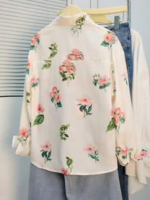 Camisa con botones con estampado floral y de hojas para mujer, rosa vacacional de primavera - Rosa - Ver 4