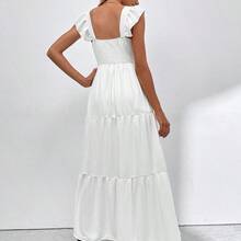Solid Shirred Detail Ruffle Hem Dress Maxi Vacation Beach Outfits Women - Blanco - Ver 3