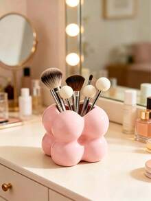 1pc Milky White Honey Pot Shaped Resin Makeup Brush Holder, Asymmetric Embossed Design, Multifunctional Desktop Decor, Mini Ceramic Vase & Storage Box, Suitable For Living Room, Bedroom And Office - Multicolor - View 12