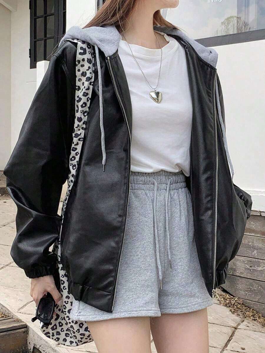 -Less Chaqueta de piel de imitación con bolsillos en ángulo, ropa de mujer de otoño - Negro 2 - Ver 1
