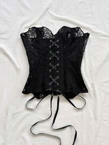 WYWH Estilo europeo y americano, joven, vacaciones, sexy, vanguardista, corsé con encaje de doble capa, espiga, sin tirantes, marrón café, calado, bordado, prenda moldeadora - Negro - Ver 2