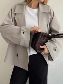 Abrigo de trinchera holgado de manga larga con solapa para mujer, otoño - Albaricoque - Ver 3