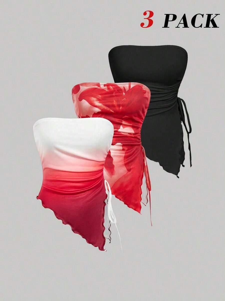 Top bustier de múltiples piezas con pliegues en la cintura atados a los lados, top tubo con estampado retro, top de primavera, top para salir, tops sexy, top de graduación, tops lindos, tops sin tirantes, paquete de 4 tops tubo, para fiesta, cas - Multicolor 6 - Ver 1