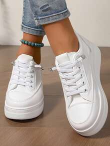 Summer New Minimalist Solid Color Thick Sole Platform White Sneakers Women's Thick Sole Slimming Lace-Up Casual Skate Shoes Daily Commute Versatile Women's Shoes (Runs Half Size Small) - White - View 1