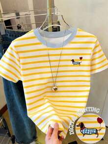 Camiseta de mujer con paneles de imitación de denim a rayas / Estampado de Dachshund / Uso diario casual / Verano - Multicolor 6 - Ver 5