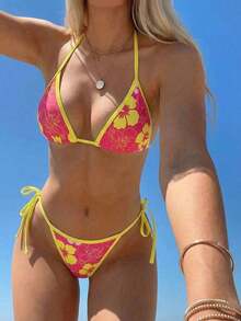 Conjunto de bikini de 2 piezas con estampado floral diminuto y escote halter para vacaciones y playa - Multicolor 4 - Ver 6
