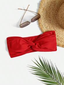 Top de bikini bandeau de un solo color con efecto retorcido - Rojo - Ver 5