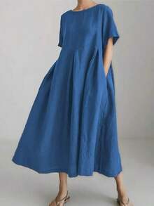 Vestido de lino suelto, casual, elegante y cómodo para mujer.Vestido largo suelto de manga corta, con bolsillo, cuello redondo y unicolor.Ajuste relajado para el verano - Azul lavado medio - Ver 2