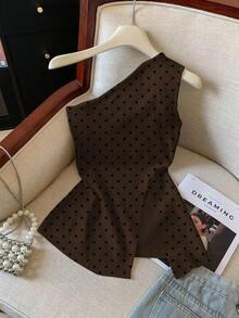 Blusa casual de vacaciones para mujer con estampado de lunares, sin mangas y con bajo dividido - Café integral - Ver 1