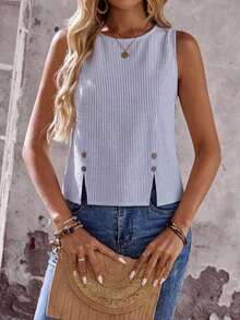 Camisa sin mangas de unicolor con diseño de botones para mujer - Azul y blanco - Ver 4