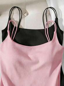 Paquete de 2 tops de camiseta acanalada con sujetador acolchado incorporado - Rosa y Negro/Lunares blancos, tops versátiles casuales para verano y uso en todas las estaciones, estilos suaves y limpios para chica, perfectos para el hogar, la escuela - Negro 8 - Ver 8