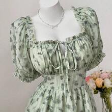 Vestido atado a cuadros florales elegante de talla grande , primavera/verano - Verde - Ver 6