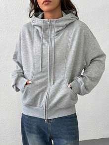SHEI Women's Zip-Up Sweatshirt With Long Sleeves And Pocket, Casual Minimalist Style, Ideal For Graduation, Back To School, Teacher's Clothing, Fall/Winter Back To School - 灰色 - 查看 5