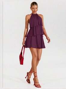 Vestido corto de gasa rojo sólido con hojas de loto en cascada, apropiado para citas diarias, salidas nocturnas, discotecas, fiestas, reuniones, fiestas de cócteles, fiestas de piscina, ropa de vuelta al colegio, vestidos de temporada escolar, v - Rojo violeta - Ver 7