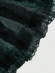 Goth Minifalda estilo gótico de satén con jacquard, cintura plisada con terminación de encaje, incluye ropa interior para mujer - Verde Oscuro - Ver 4
