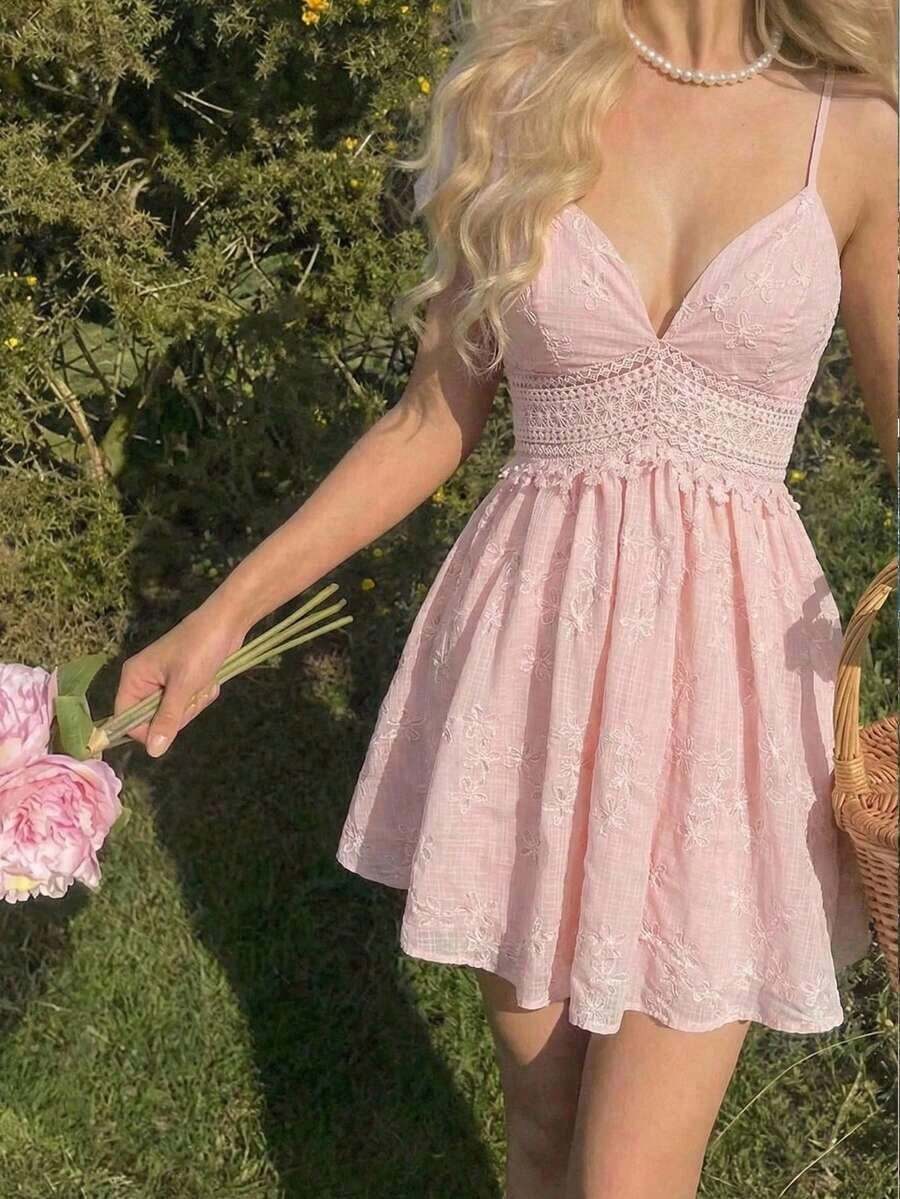 MOD Vestido de tirantes con bordado floral, patchwork y encaje para mujer en verano - Rosa - Ver 1