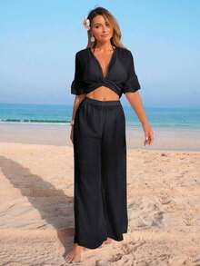 Conjunto de vacaciones de verano para mujer con top corto de manga corta con volantes y escote en V sin espalda, pantalón de pierna ancha y cubrecuerpo - Negro - Ver 4