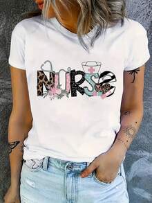 Plus Size Nurse Letter Print T-Shirt, Casual Short Sleeve Round Neck T-Shirt, Plus Size Women's Clothing. - 白色 - 查看 1
