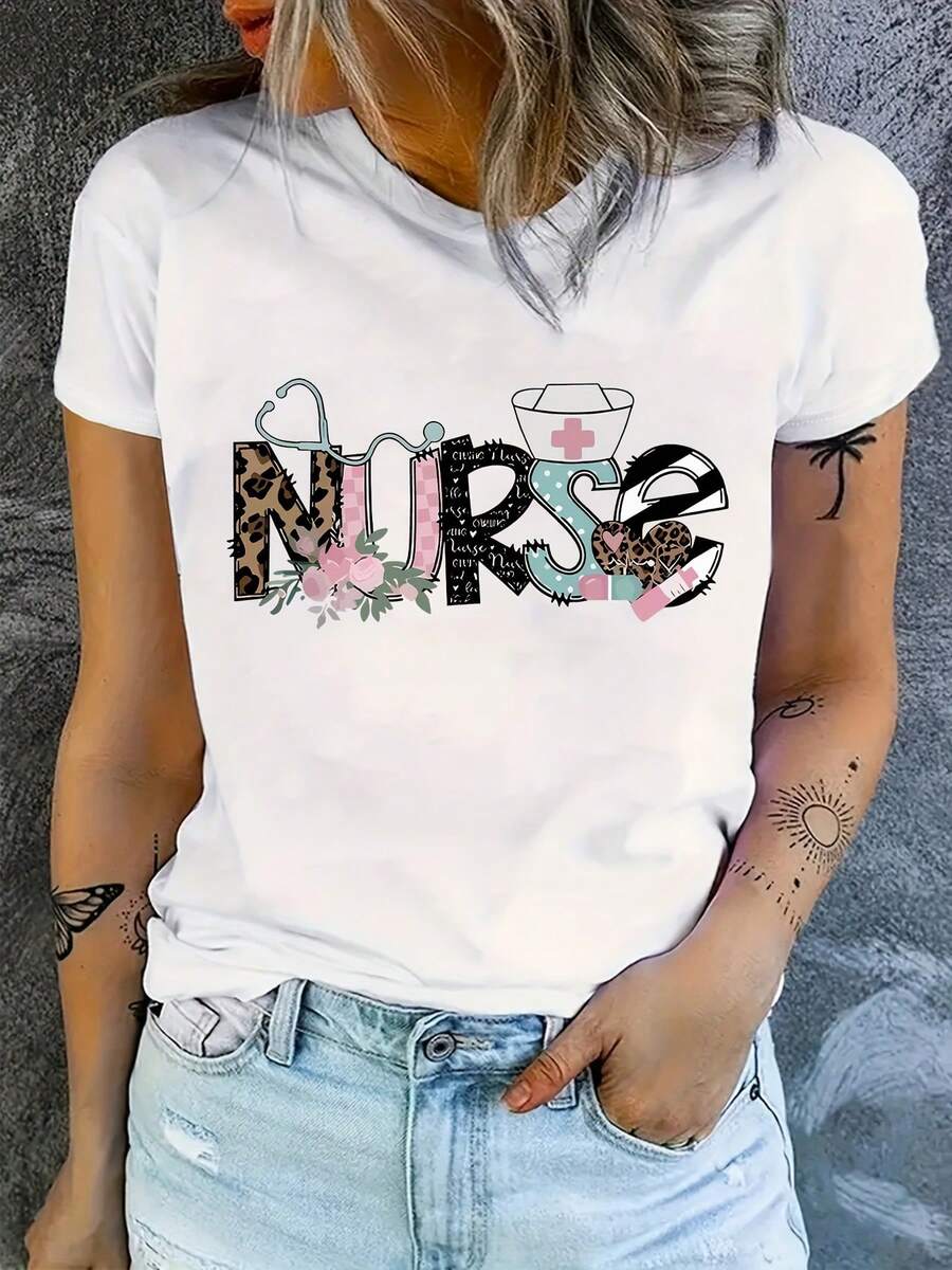 Plus Size Nurse Letter Print T-Shirt, Casual Short Sleeve Round Neck T-Shirt, Plus Size Women's Clothing. - 白色 - 查看 1